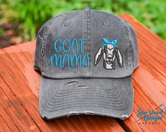Goat Mama Hat | Distressed Baseball Cap OR Ponytail Hat | Vintage Dad Hat | Goat with Bandana Bow | Farm Girl Hat | Goat Lover Gift