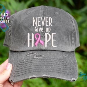 Never Give Up Hope Hat | Distressed Baseball Cap OR Ponytail Hat | Cancer Fighting Hat | Chemo Hat | Cancer Awareness Ribbon | Survivor