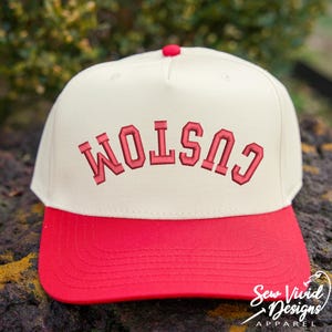 Custom Upside Down Text Hat 3D Puff Text | 5 Panel Two Tone Embroidered Hat | Snapback Trendy Hat, Rally Baseball Cap, Personalized Hat Game Red/Natural