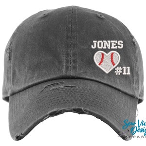 Baseball Heart Hat W/ Name & Number | Distressed Baseball Cap OR Ponytail Hat | Baseball Hat | Baseball Love | Baseball Mom | Baseball Gift