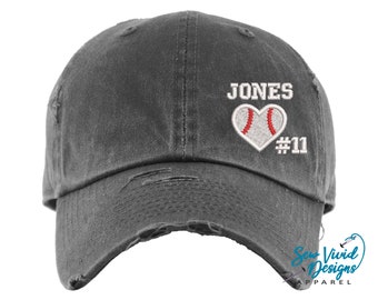 Baseball Heart Hat W/ Name & Number | Distressed Baseball Cap OR Ponytail Hat | Baseball Hat | Baseball Love | Baseball Mom | Baseball Gift