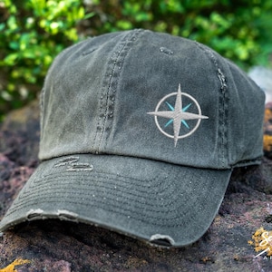 Compass Hat | Distressed Baseball Cap OR Ponytail Hat | Hiking Hat | Summer Adventure Outdoor Hats | Travel Gift | Compass Gifts