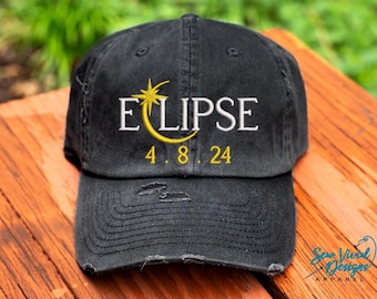 Gorra Eclipse 4.8.2024 / Gorra de béisbol o gorra para coleta con efecto desgastado / Bordado personalizado / Eclipse total abril 2024 / Gorra espacial / Evento solar