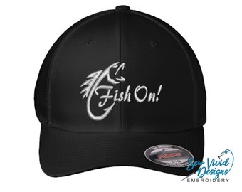 Fish On FlexFit Hat | Fishing Hat | Custom Embroidered Fitted Hat | Bass Fishing Gift | Gift for Fisherman | Angler Fishing | Personalized