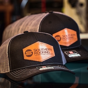 Custom Logo Leather Patch Hat | Custom Text | Richardson 112 Snapback Trucker | 100% Real Authentic Leather Patch | Laser Engraved Logo