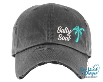 Salty Soul Hat with Palm Tree | Distressed Baseball Cap OR ponytail Hat | Vacation Accessories | Salty Beach Hat for Vacation | Beach Babe