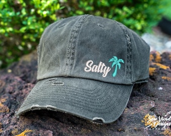 Salty Hat with Palm Tree | Distressed Baseball Cap OR ponytail Hat | Beach Hat | Vacation Accessories | Salty Beach Hat