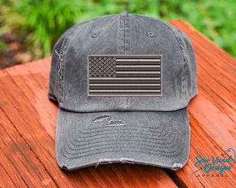Grey Military American Flag Hat Distressed Baseball Cap OR
