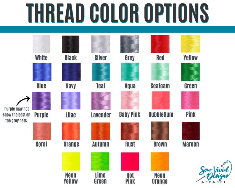 Puede incluir: Una tabla que muestra opciones de colores de hilo para bordar. La tabla incluye 24 colores de hilo diferentes, incluyendo blanco, negro, plata, gris, rojo, amarillo, azul, azul marino, verde azulado, aguamarina, espuma de mar, verde, morado, lila, lavanda, rosa beb&eacute;, chicle, rosa, coral, naranja, oto&ntilde;o, &oacute;xido, marr&oacute;n, granate, amarillo ne&oacute;n, verde lima, rosa ne&oacute;n y naranja ne&oacute;n.