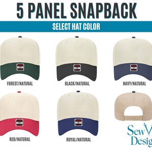 May include: A display of five panel snapback hats in various color combinations. The hats feature a natural-colored crown with a colored brim in forest green, black, navy, red, and royal blue. The text "5 PANEL SNAPBACK" and "SELECT HAT COLOR" are at the top.