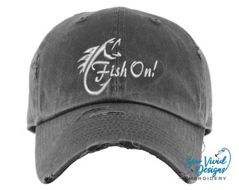 Fish On Hat | Distressed Baseball Cap OR Ponytail Hat | Fishing Hat | Fisherman Gift | Custom Bass Fishing Hat | Angler Fishing Gifts