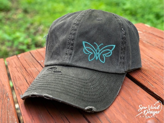 New Custom Designed Blue Distressed Baseball Cap with Metallic Butterfly Butterfly Caps | North Carolina Apparel – Our State Store main image 4