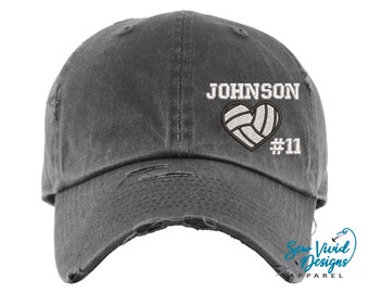 Volleyball Heart Hat w/ Name & Number | DISTRESSED Baseball Cap OR Ponytail Hat | Volleyball Gifts | Proud Volleyball Mom | Sports Mom Hat