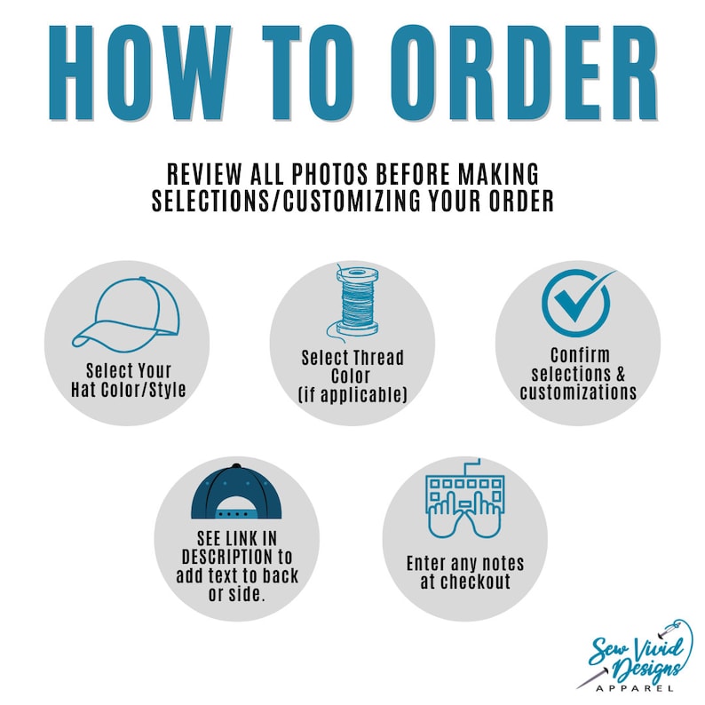 K&ouml;nnte beinhalten: So bestellen Sie einen individuellen Hut. W&auml;hlen Sie Ihre Hutfarbe und Ihren Stil, die Garnfarbe und best&auml;tigen Sie Ihre Auswahl. Sehen Sie sich den Link in der Beschreibung an, um Text auf der R&uuml;ckseite oder an der Seite hinzuzuf&uuml;gen. Geben Sie alle Notizen an der Kasse ein. Sew Vivid Designs Apparel.