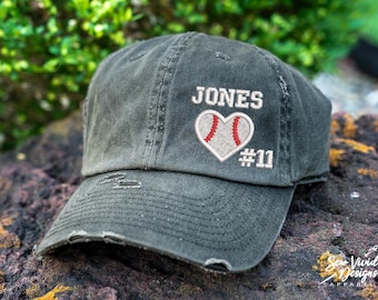 Baseball Heart Hat W/ Name & Number | Distressed Baseball Cap OR Ponytail Hat | Baseball Hat | Baseball Love | Baseball Mom | Baseball Gift