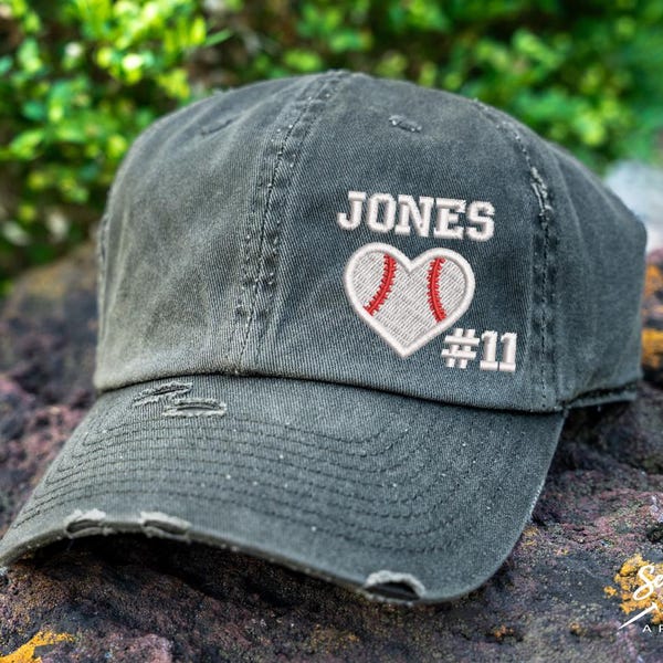 Baseball Heart Hat W/ Name & Number | Distressed Baseball Cap OR Ponytail Hat | Baseball Hat | Baseball Love | Baseball Mom | Baseball Gift
