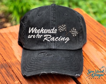 Weekends are for Racing Hat, Distressed Trucker Hat for women, Custom Baseball Cap for racing, Ponytail racing hat, Custom Race Cap