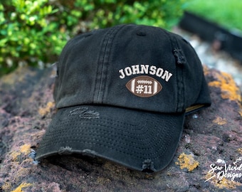 Football Hat W/ Name & Number | DISTRESSED Baseball Cap OR Ponytail Hat | School Name Football Team Hat, Personalized Football Mom Hat