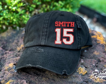 Sports Number Hat W/ Name | Distressed Baseball Cap OR Ponytail Hat | Customizable | Sport Mom Hat | Sports Gift