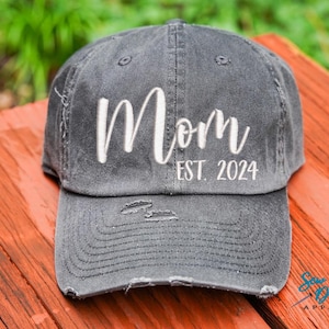 Mom est. Hat | Distressed Baseball Cap OR Ponytail Hat | Personalize Custom Year | Pregnancy Announcement | New Mom Gift | Mother&#39;s Day Gift