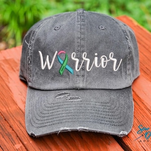Cancer Warrior Hat - Three Colored Ribbon | Distressed Baseball Cap OR Ponytail Hat | Thyroid or Metastatic Breast Cancer Awareness, Bladder