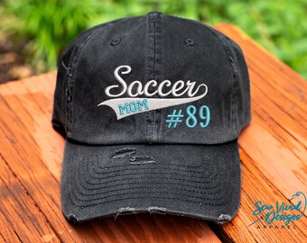 Soccer Mom w/ Number Hat | DISTRESSED Baseball Cap OR Ponytail Hat | Personalized Soccer Hat | Gifts for Soccer Moms | Game Day Clothing