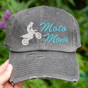 Moto Mom Hat | DISTRESSED Baseball Cap OR Ponytail Hat | Custom Embroidered Cap for Motocross Mom with a Dirt Bike | Personalized Motocross