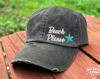 Beach Please Hat with Starfish | Distressed Baseball Cap OR Ponytail Hat | Beach Hats for women | Hat for Vacation | Summer Hat
