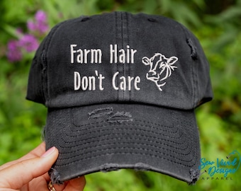 Farm Hair Don't Care Hat | Vintage Baseball Cap OR Ponytail Hat | Farm Girl | Farm Life | Distressed Hat with a Cow