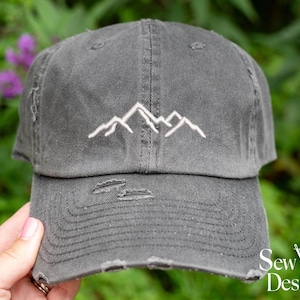 Mountain Hat | Distressed Baseball Cap OR Ponytail Hat | Hiking Hat | Summer Adventure Outdoor Hats | Mountains Camping Embroidered Dad Hat