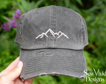 Mountain Hat | Distressed Baseball Cap OR Ponytail Hat | Hiking Hat | Summer Adventure Outdoor Hats | Mountains Camping Embroidered Dad Hat