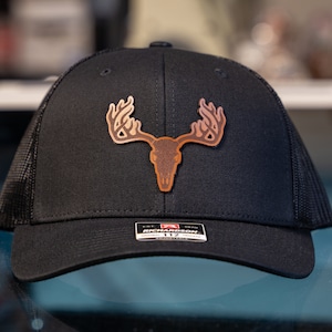 Deer Skull Leather Patch Hat | Richardson 112 Snapback Trucker | 100% Real Authentic Leather Patch | Laser Engraved | Gifts for Dad
