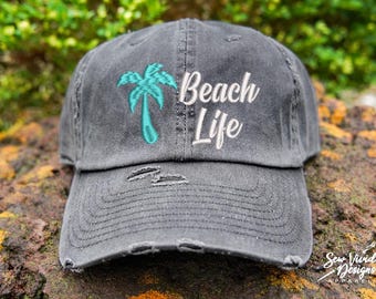 Beach Life Hat | Distressed Baseball Cap OR ponytail Hat | Beach Hat | Vacation Accessories | Beach Vibes | Summer Hat | Beach Caps