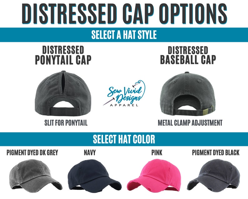 Op de afbeelding: Afbeelding met opties voor distressed caps, waaronder een ponytail cap en een baseball cap. De afbeelding toont verschillende kleuren: pigment geverfd donkergrijs, marineblauw, roze en pigment geverfd zwart. Tekst luidt "Distressed Cap Options" en "Select a Hat Style".