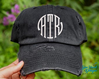 Monogrammed Hat | Distressed Baseball Cap OR Ponytail Hat | Circle Monogram Hat | Personalized Hat | Custom Embroidered Hat | Monogram Gift