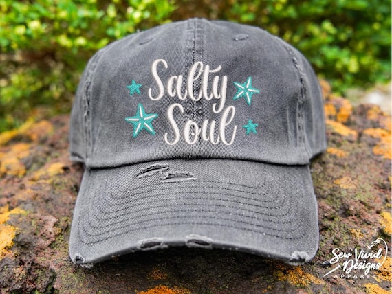 Salty Soul Hat with Starfish | Distressed Baseball Cap OR ponytail Hat | Vacation Accessories | Salty Beach Hat for Vacation | Beach Babe