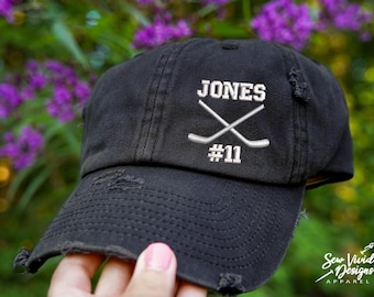 Gorra de hockey con nombre y número personalizados / Gorra de béisbol desgastada o gorro para coleta / Amor por el hockey / Mamá de hockey / Regalo de hockey