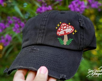 Mushroom Hat | Distressed Baseball Cap OR Ponytail Hat | Toadstool Hat | Mystical Fairy Magic Trippy Mushrooms Fungi Nature Hippie Boho