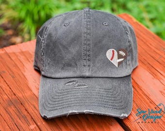 Baseball Football Heart Hat | Distressed Baseball Cap OR Ponytail Hat | Football Mom Hat | Baseball Mom Gift | Game Day Hat | Football Mama