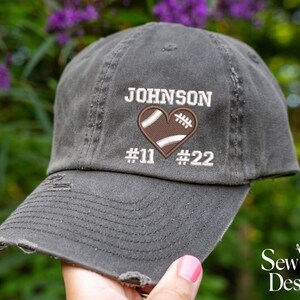 Football Heart Hat W/ Name & Number | DISTRESSED Baseball Cap OR Ponytail Hat | School Name Football Team Hat, Personalized Football Mom Hat image 2