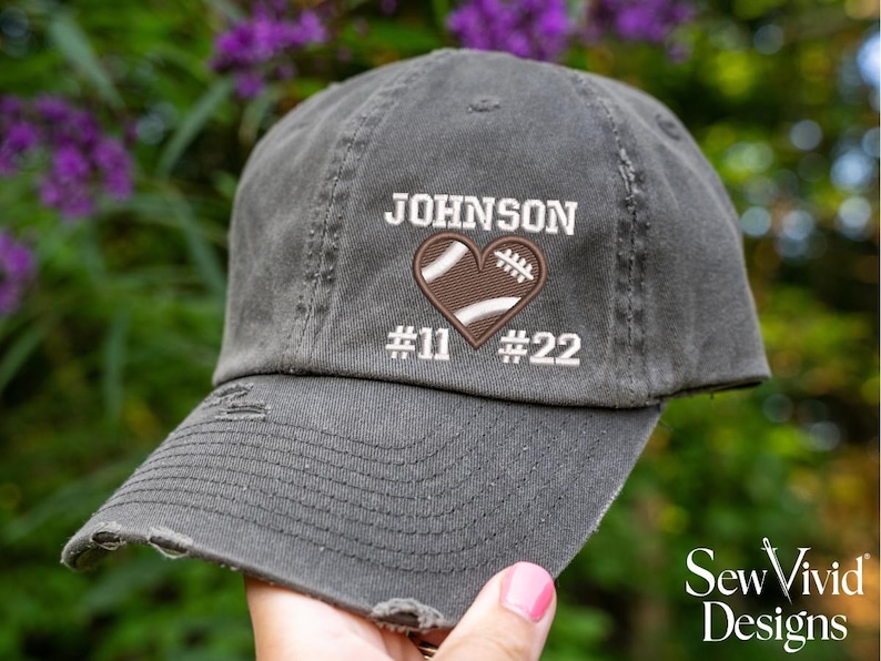Football Heart Hat W/ Name & Number | DISTRESSED Baseball Cap OR Ponytail Hat | School Name Football Team Hat, Personalized Football Mom Hat image 2