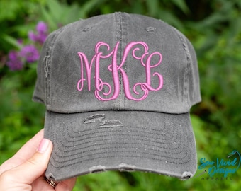Monogrammed Hat, Personalized Hat, Ladies Monogram Hat, Monogrammed Cap, Distressed hat, Custom Embroidered Hat, Vintage Hat