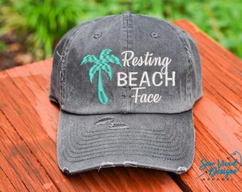 Resting Beach Face Hat | Perfect for Girls Trip or Summer Vacation | Vintage Style Hat | Distressed Baseball Cap OR High Ponytail Hat
