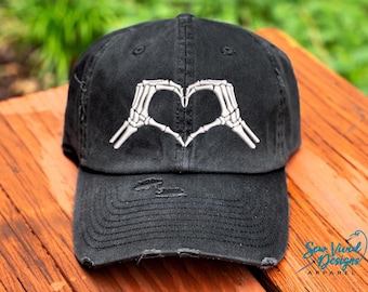 Skeleton Heart Hands Hat | Distressed Baseball Cap OR Ponytail Hat | Skeleton Hand | Lovers Hat | Halloween Skeleton Hand
