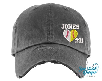 Softball Baseball Heart Hat With Custom Name & Number | Distressed Baseball Cap OR Ponytail Hat | Softball Love, Softball Mom, Softball gift