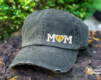 Softball Heart Mom Hat | Distressed Baseball Cap OR Ponytail Hat | Custom Colors | Softball Mom Gifts | Softball Mom Ball Cap | Sports Mom