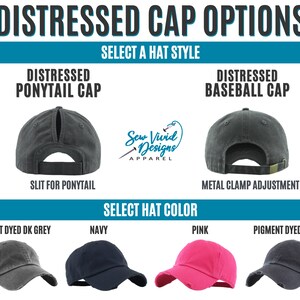 K&ouml;nnte beinhalten: Bild mit Optionen f&uuml;r Distressed-Caps, darunter eine Ponytail-Cap und eine Baseball-Cap. Das Bild zeigt verschiedene Farben: pigmentgef&auml;rbtes Dunkelgrau, Marineblau, Pink und pigmentgef&auml;rbtes Schwarz. Text lautet "Distressed Cap Options" und "Select a Hat Style".