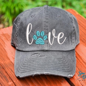 Love Paw Print Hat | Distressed Baseball Cap OR Ponytail Hat | Dog Mom Hats | Dog Lover Gifts