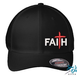 May include: Black baseball cap with a white mesh back. The front of the cap features a white embroidered cross with the word "FAITH" in white lettering.