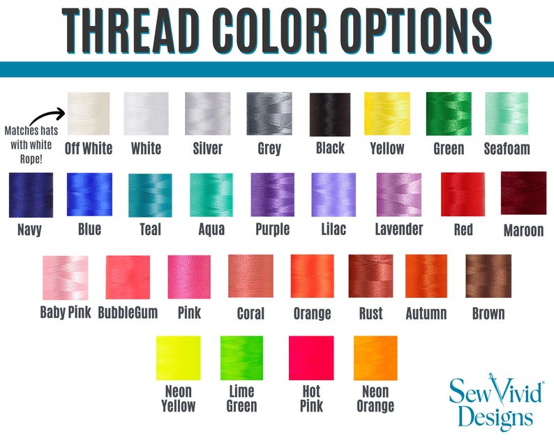 Puede incluir: Una tabla de colores que muestra las opciones de color del hilo para bordar. La tabla incluye una variedad de colores, como blanco, negro, amarillo, verde y rosa. El texto "THREAD COLOR OPTIONS" est&aacute; en la parte superior.